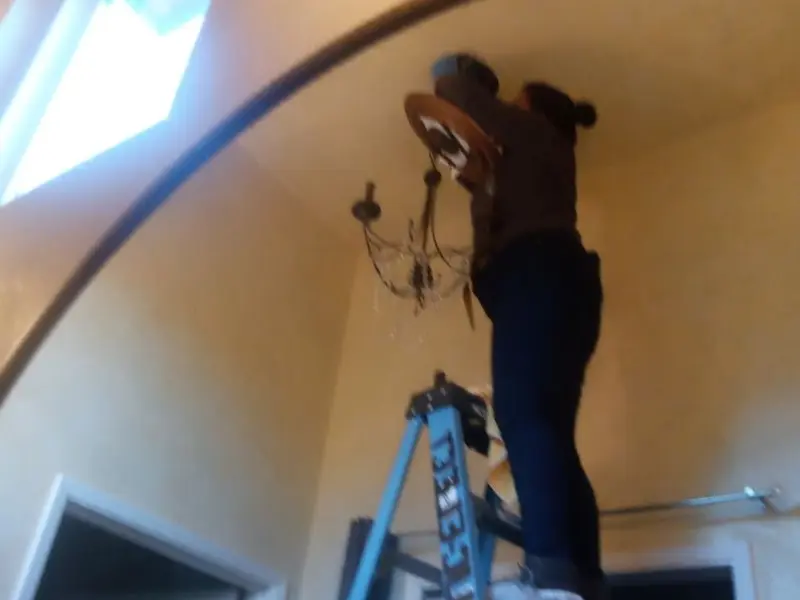 Electrician installing a chandelier in a Temple Terrace residence